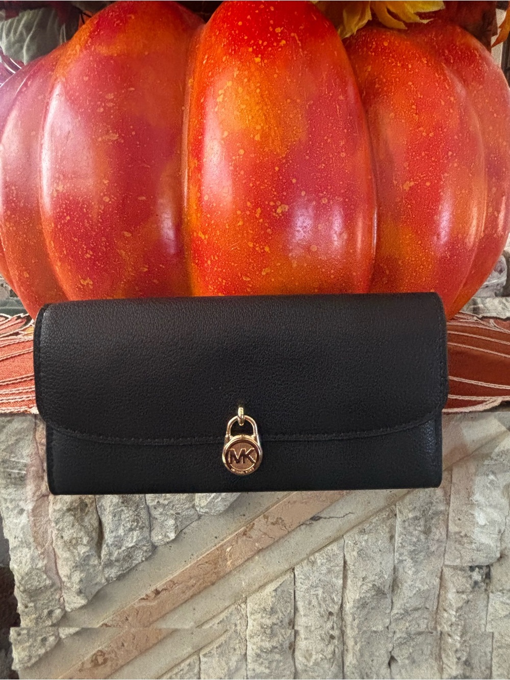 Michael Kors Black Leather Continental Wallet with Gold MK Lock